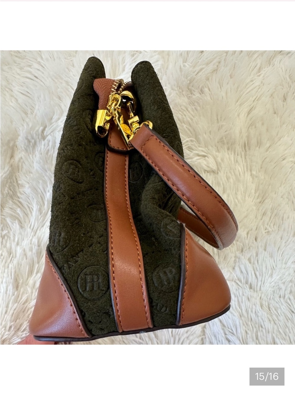 Fany Road - Olive Green Suede Shoulder Bag with Brown Leather Trim NWOT - Picture 11 of 14